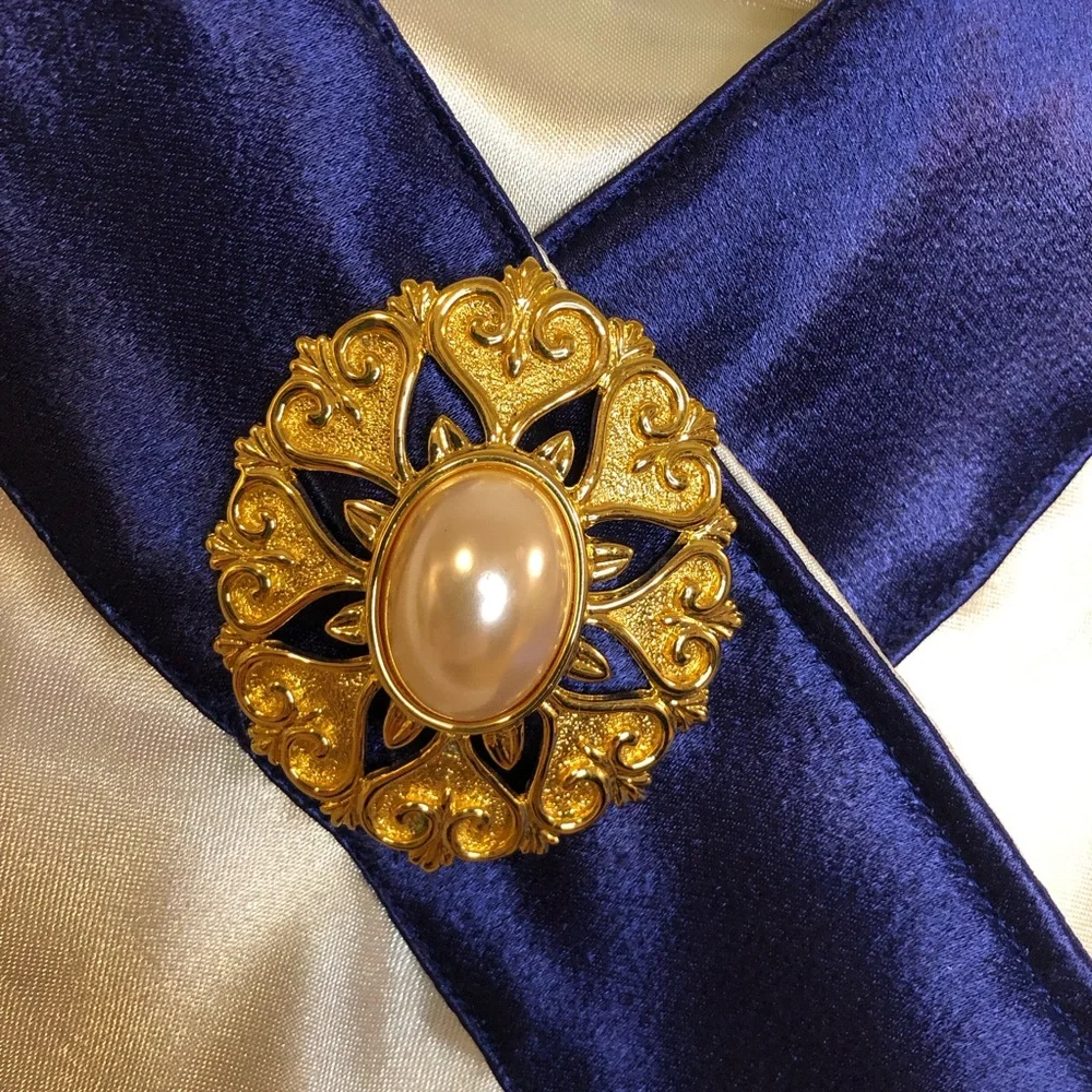 Dressage Equestrian Stock Tie Featuring Gold Brooch w/Pearl Detail Purplish Blue